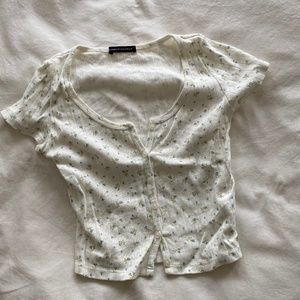 Brandy Melville cream and blue floral button up t-shirt